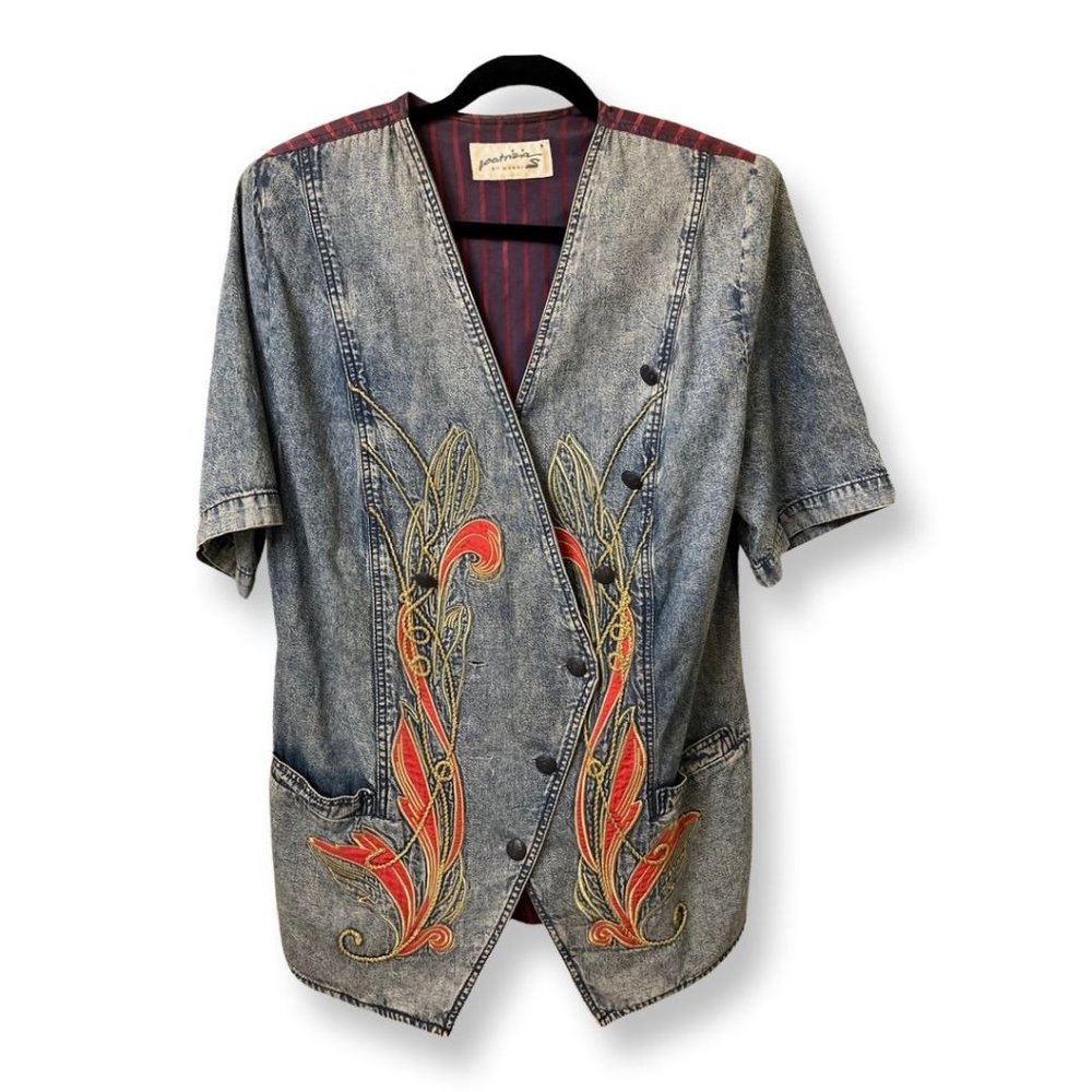Vintage Patrizia by Mondi Designer Denim Short Sleeve Shirt Embroidered 80's